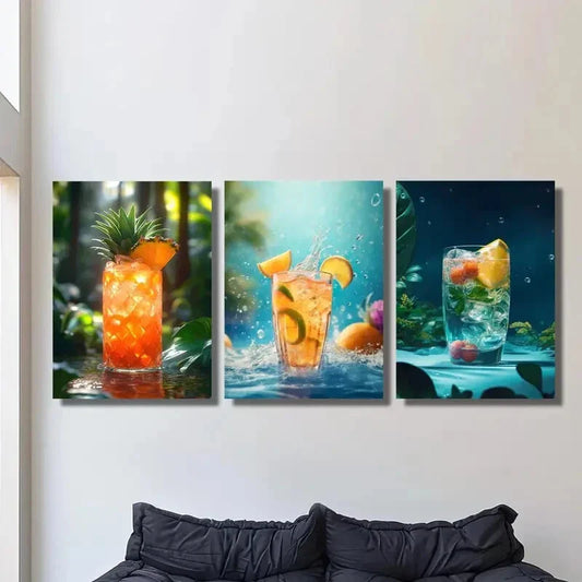 3pcs Vibrant Summer Drink Artwork, Fashionable Metal Print Ready to Hang Art