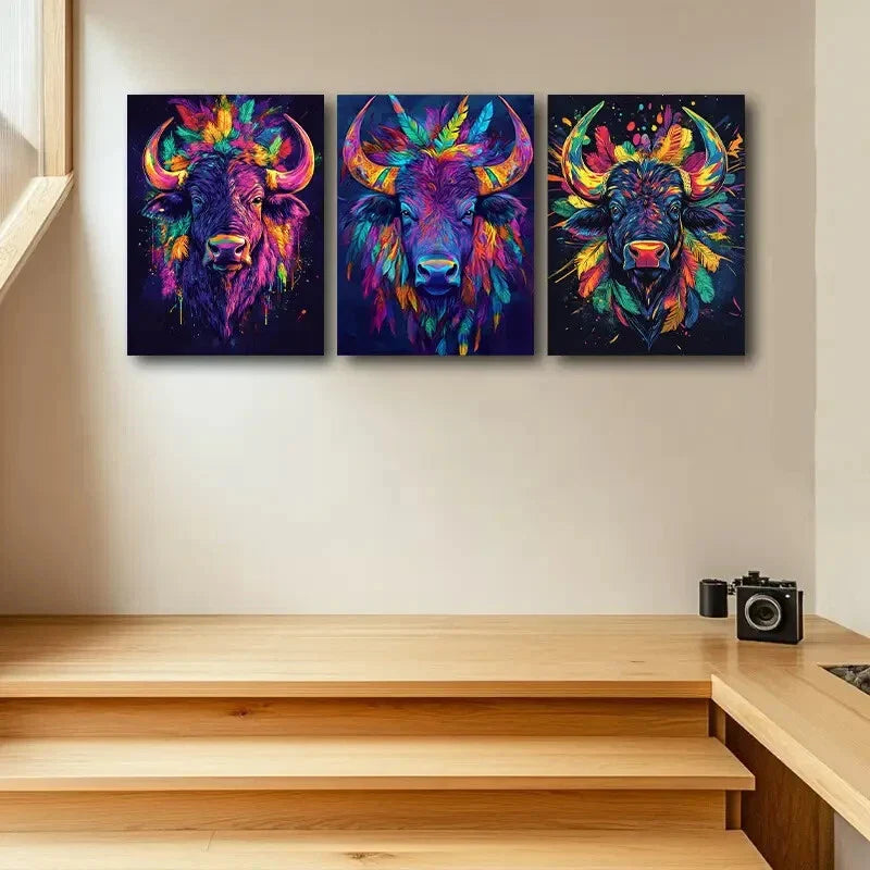 3pcs Colorful Bison Head Metal Print Ready to Hang Art