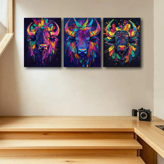 3pcs Colorful Bison Head Metal Print Ready to Hang Art
