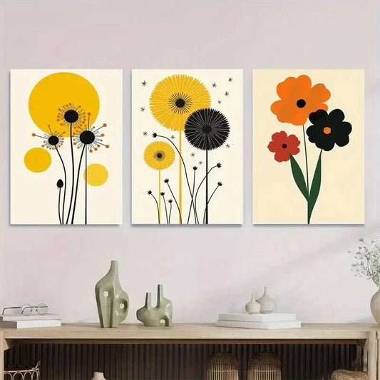 3pcs Modern Floral Vibrant Yellow, Orange & Red Wall Art Set Canvas Framed 40x60cm - High Quality Print 100% Australian Made Wall Canvas Ready to Hang