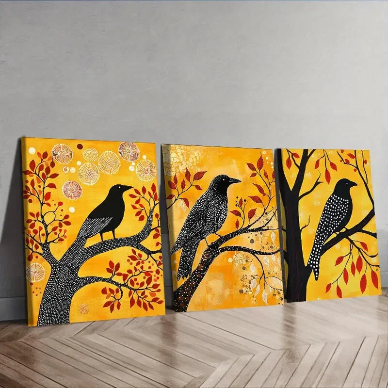 3pcs The psychic crow In Yellow Background Wall Art Set Canvas Framed 40x60cm - High Quality Print 100% Australian Made Wall Canvas Ready to Hang