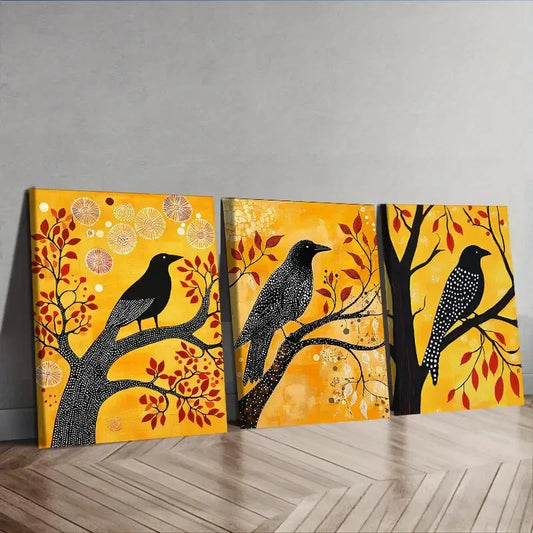 3pcs The psychic crow In Yellow Background Wall Art Set Canvas Framed 40x60cm - High Quality Print 100% Australian Made Wall Canvas Ready to Hang
