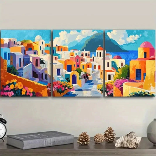 3pcs  Greek island style town  Wall Art Set Canvas Framed 40x60cm - High Quality Print 100% Australian Made Wall Canvas Ready to Hang