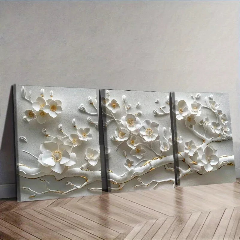 3pcs White Flower Modern Contemporary Style Wall Art Set Canvas Framed 40x60cm - High Quality Print 100% Australian Made Wall Canvas Ready to Hang