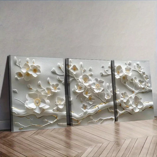 3pcs White Flower Modern Contemporary Style Wall Art Set Canvas Framed 40x60cm - High Quality Print 100% Australian Made Wall Canvas Ready to Hang