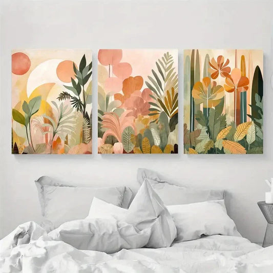 3pcs Tropical Jungle in Earth Tones Design Metal Print Ready to Hang Art