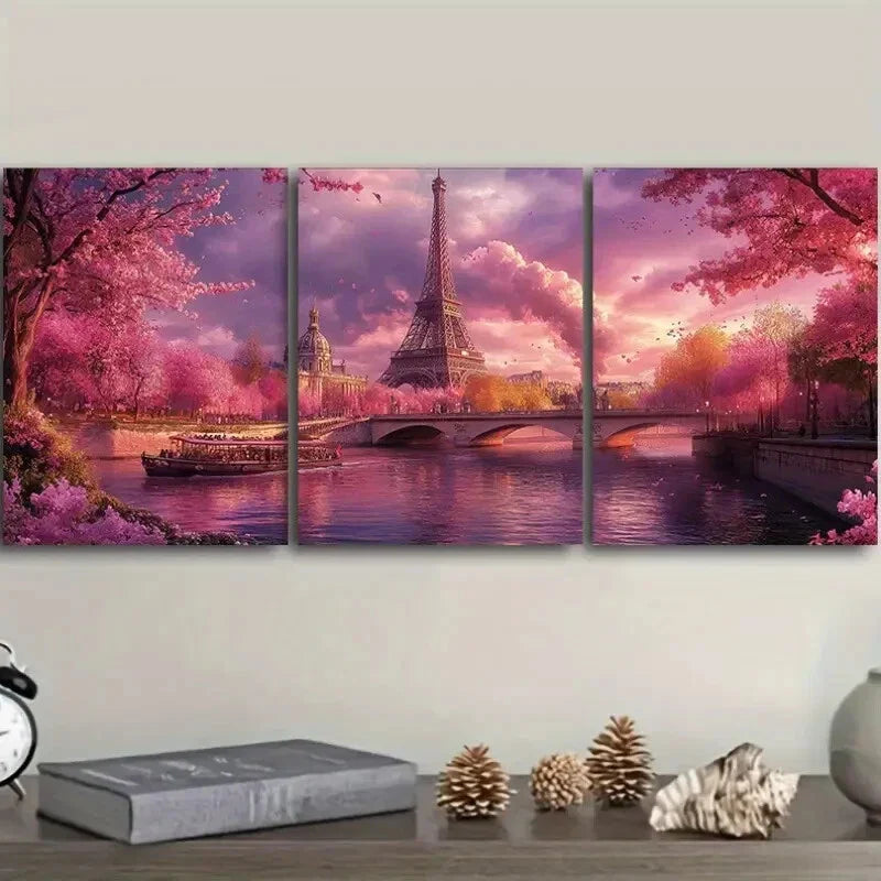 3pcs Cherry Blossoms at Eiffel Tower Wall Art Set Canvas Framed 40x60cm - High Quality Print 100% Australian Made Wall Canvas Ready to Hang