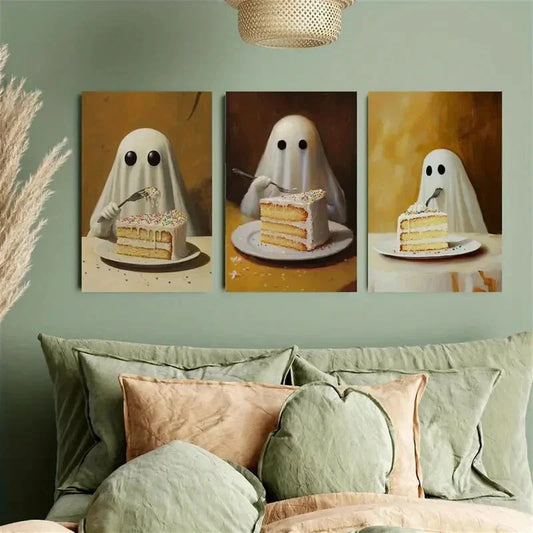 3pcs Whimsical Ghost Eating Cake Metal Print Ready to Hang Art