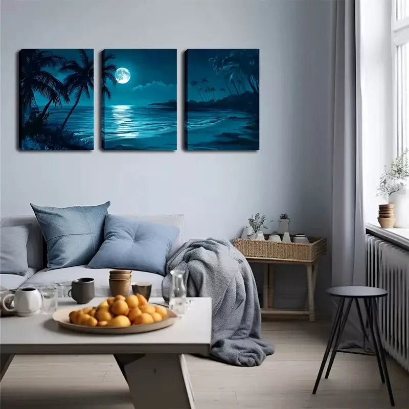 3pcs Under The Night, Coconut Trees, Beaches Wall Art Set Canvas Framed 40x60cm - High Quality Print 100% Australian Made Wall Canvas Ready to Hang