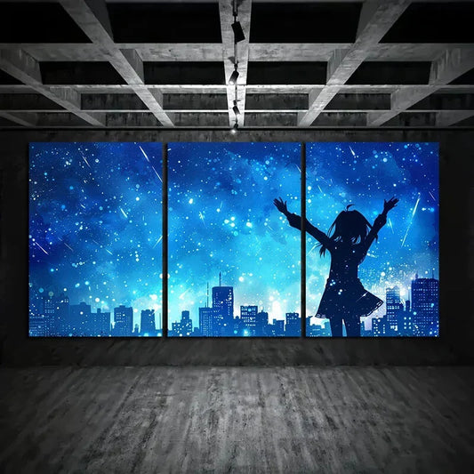 3pcs Anime Girl Holding Up Her Hand City Buildings Metal Print Ready to Hang Art