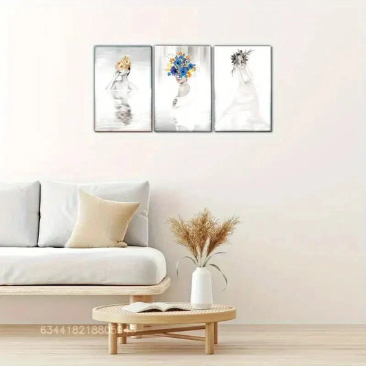 3pcs Black and White Girl with Flowers Metal Print Ready to Hang Art