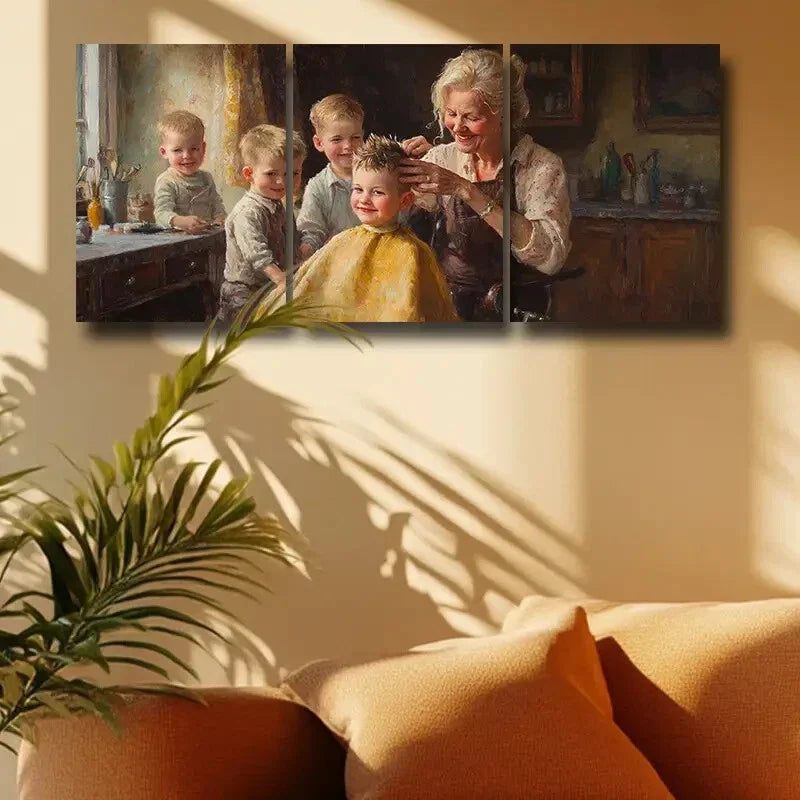 3pcs Warm Family Haircut Scene with Golden Hair Metal Print Ready to Hang Art