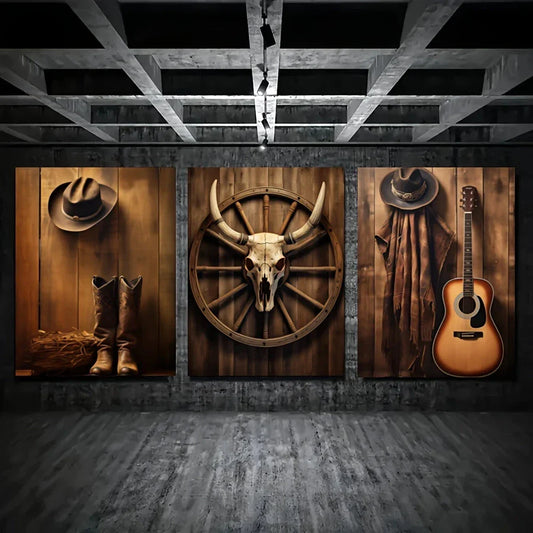 3pcs Vintage Cowboy Hat Boots Steer Skull Metal Print Ready to Hang Art