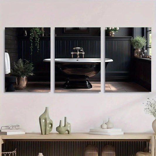 3pcs Black Royal Flush Retro Bathroom Elegant Metal Print Ready to Hang Art