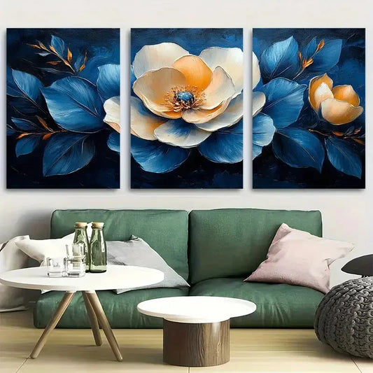 3pcs Elegant Floral Blue and Beige Petals Metal Print Ready to Hang Art