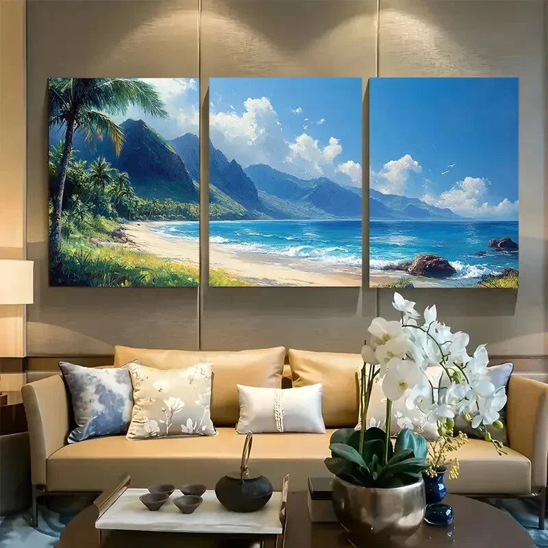 3pcs Tropical Beach with Palm Tree & Mountain View Metal Print Ready to Hang Art