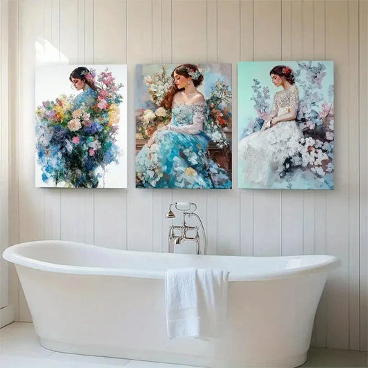 3pcs Elegant Women in Floral Gowns Perfect Wall Art Set Canvas Framed 40x60cm - High Quality Print 100% Australian Made Wall Canvas Ready to Hang