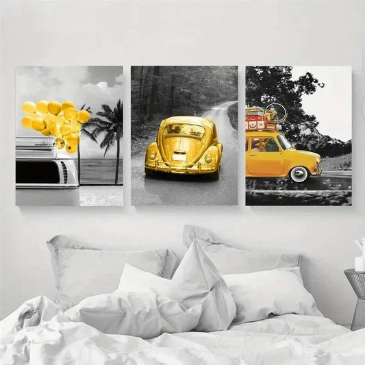 3pcs Golden Car Landscape in Black & White Design Metal Print Ready to Hang Art