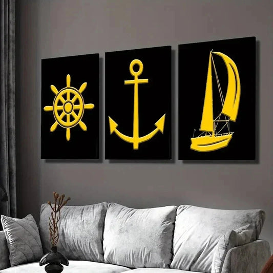 3pcs yellow Anchor Sailboat Golden Nautical Wall Art Set Canvas Framed 40x60cm - High Quality Print 100% Australian Made Wall Canvas Ready to Hang