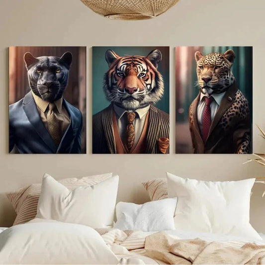 3pcs Vintage Suit & Tie Animal Tiger Metal Print Ready to Hang Art
