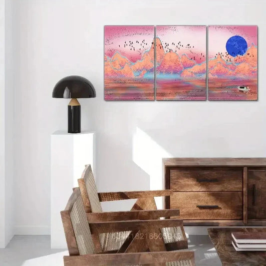 3pcs , Landscape art deco poster, solar sailboat Metal Print Ready to Hang Art