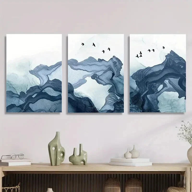 3pcs Soft blue smoke waves and birds, Metal Print Ready to Hang Art
