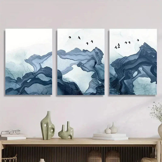 3pcs Soft blue smoke waves and birds, Metal Print Ready to Hang Art