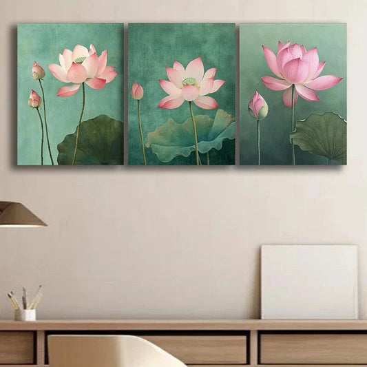 3pcs Pink Lotus Flowers Green Leaves Metal Print Ready to Hang Art