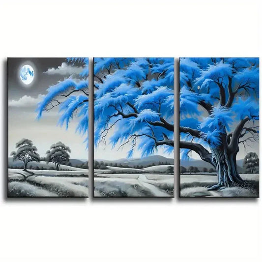 3pcs Black And White Blue Tree Moon Metal Print Ready to Hang Art