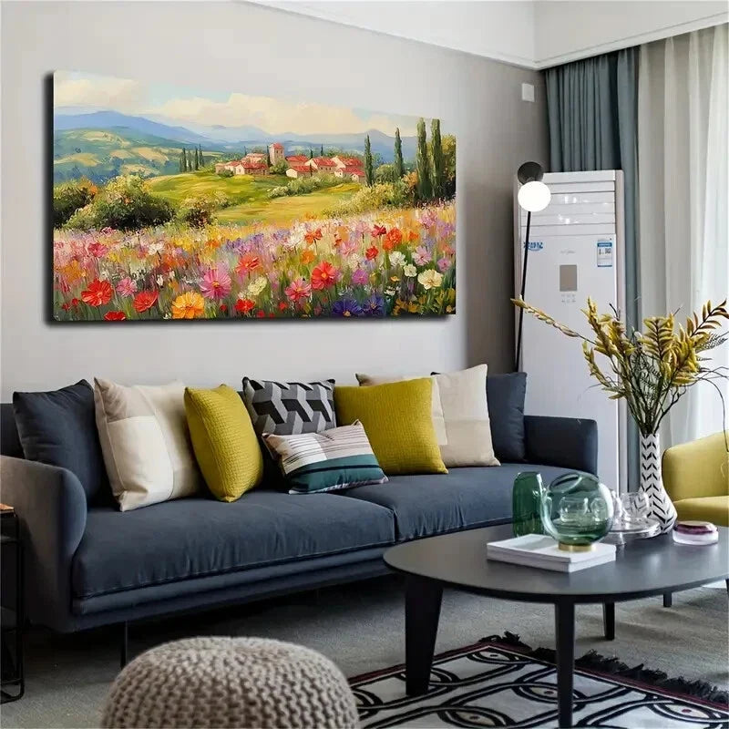 Blooming Flowers & Village Wall Art Canvas Office Home Room Framed 120x60cm