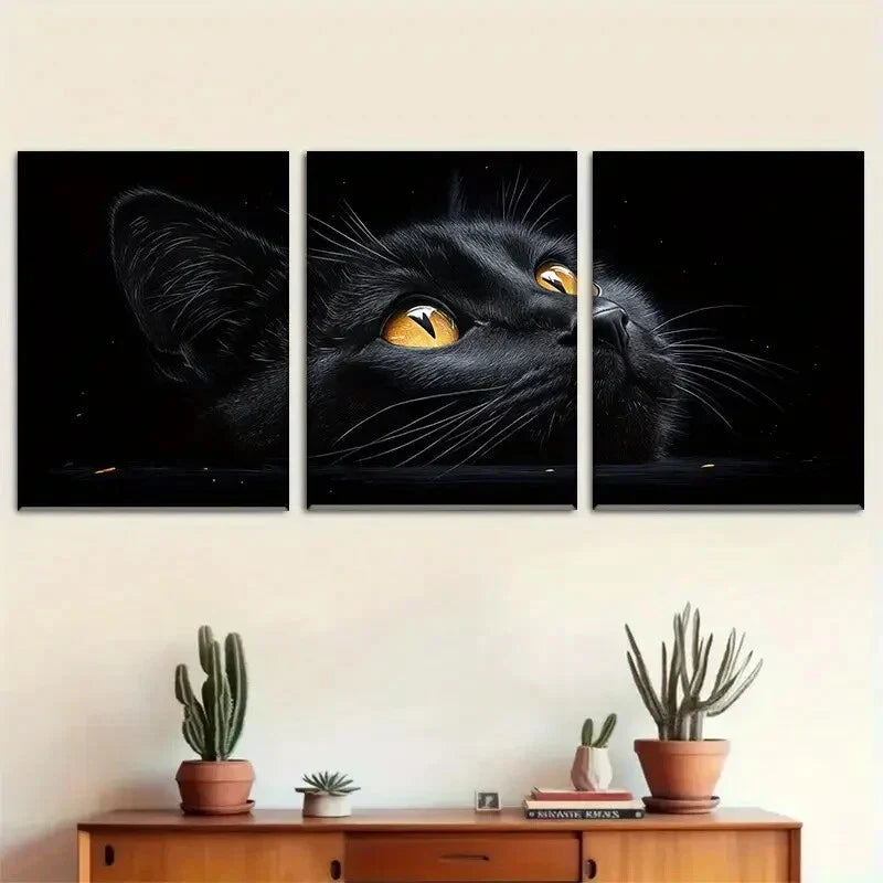 3pcs Black Cat Golden Eyes Feline Portrait Metal Print Ready to Hang Art