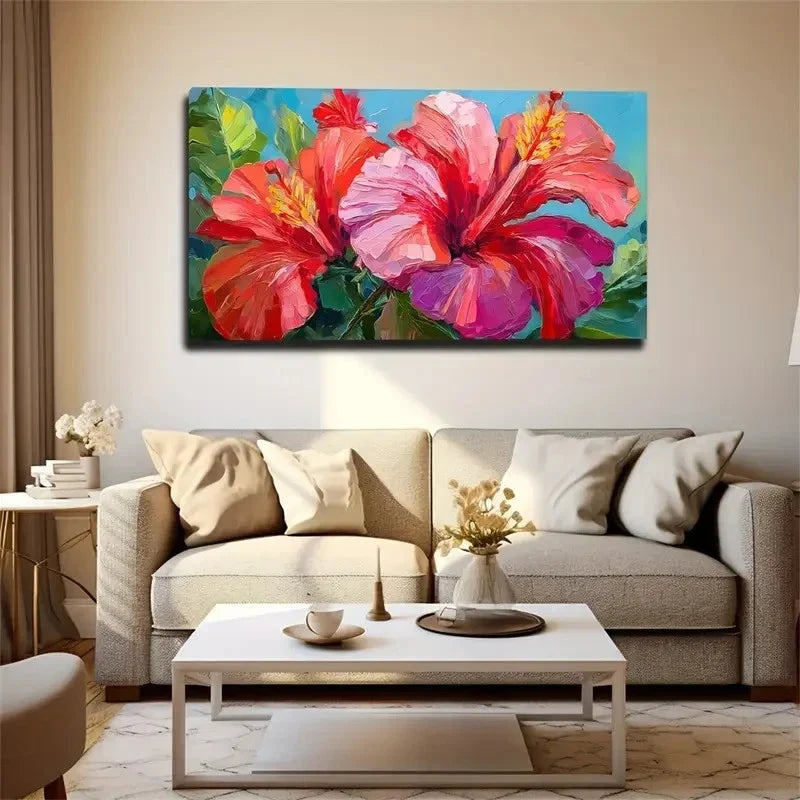Vibrant Red Hibiscus Flowers Wall Art Canvas Office Home Room Framed 80x45cm