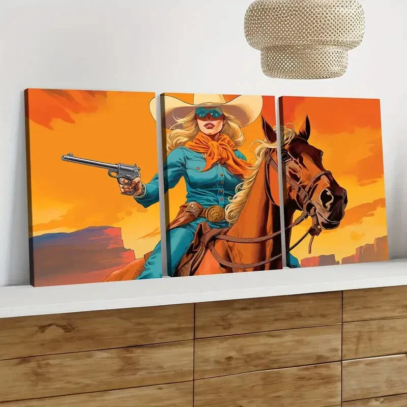 3pcs Vintage Art Cow Girl Style Brown Horse Lady Wall Art Set Canvas Framed 40x60cm - High Quality Print 100% Australian Made Wall Canvas Ready to Hang