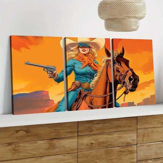 3pcs Vintage Art Cow Girl Style Brown Horse Lady Wall Art Set Canvas Framed 40x60cm - High Quality Print 100% Australian Made Wall Canvas Ready to Hang