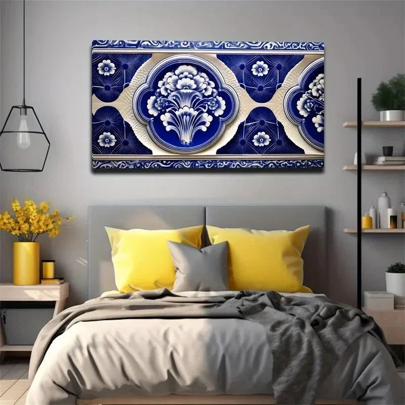 Chinese Blue And White Wall Art Canvas Office Home Room Framed 120x60cm