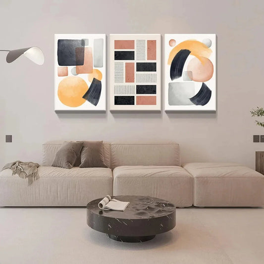 3pcs Abstract Geometric Line Beige Black Orange Metal Print Ready to Hang Art