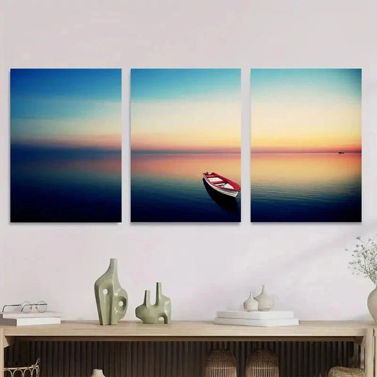 3pcs Vibrant Blue & Orange Sky, Tranquil Water Metal Print Ready to Hang Art