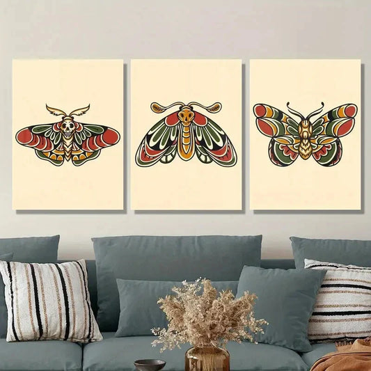 3pcs Vibrant Death'S Head Moth Skull Illustrations  Metal Print Ready to Hang Art