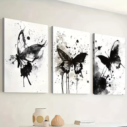 3pcs Elegant Butterfly Abstract Black & White   Wall Art Set Canvas Framed 40x60cm - High Quality Print 100% Australian Made Wall Canvas Ready to Hang