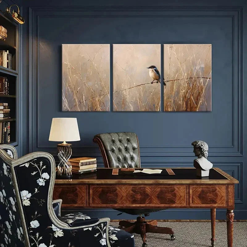 3pcs Artistic Bird Perched On Branch Warm Tones Metal Print Ready to Hang Art