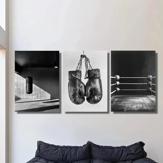 3pcs Vintage Dark Boxing, Black And White Metal Print Ready to Hang Art