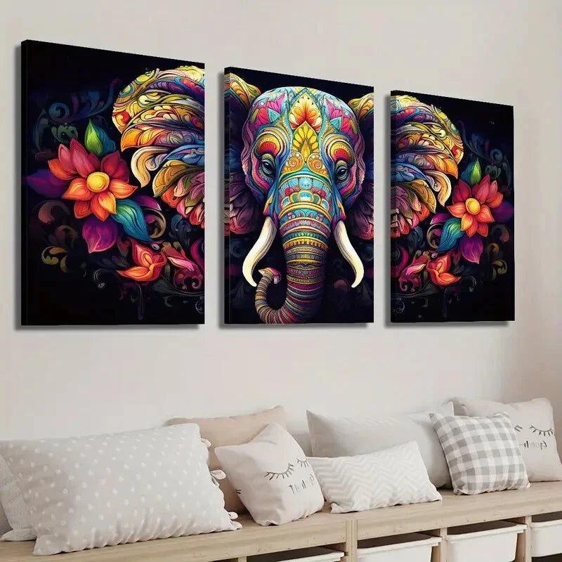 3pcs Colorful Elephant & Floral Wall Art Set Canvas Framed 40x60cm - High Quality Print 100% Australian Made Wall Canvas Ready to Hang