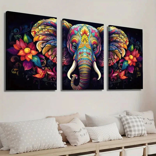 3pcs Colorful Elephant & Floral Wall Art Set Canvas Framed 40x60cm - High Quality Print 100% Australian Made Wall Canvas Ready to Hang