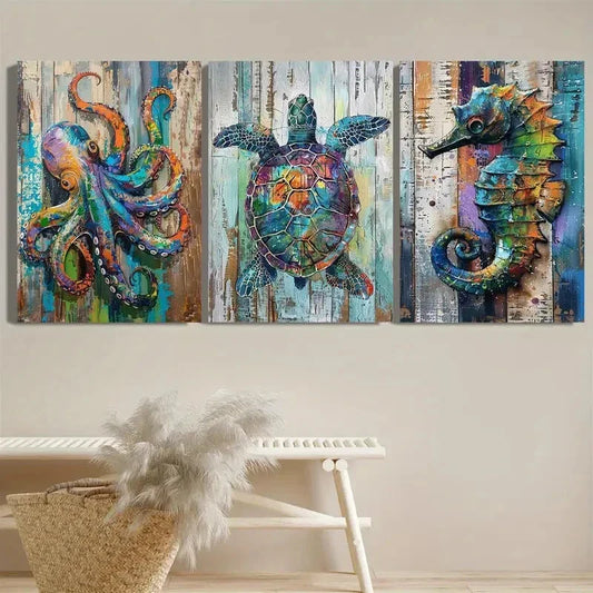 3pcs   Marine Life Octopus Seahorse Turtle  Metal Print Ready to Hang Art