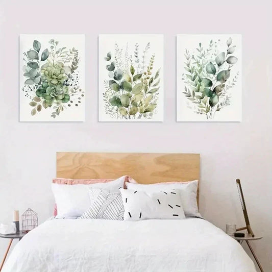 3pcs   Sage Green & Beige Wildflowers, Bohemian  Metal Print Ready to Hang Art