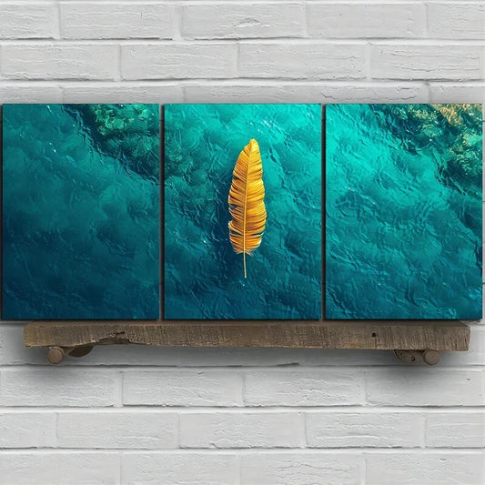 3pcs Feathers and Small Boats Metal Print Ready to Hang Art