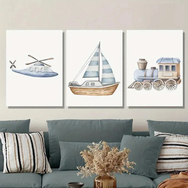 3pcs Watercolor Sailboat Train Airplane Art Paint Metal Print Ready to Hang Art