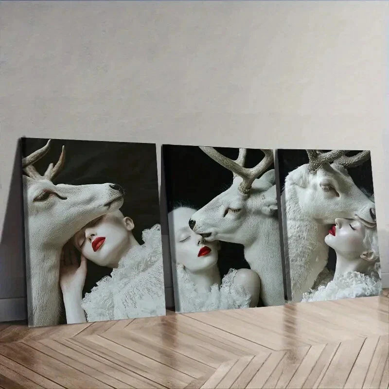 3pcs  White Deer, girl  Wall Art Set Canvas Framed 40x60cm - High Quality Print 100% Australian Made Wall Canvas Ready to Hang