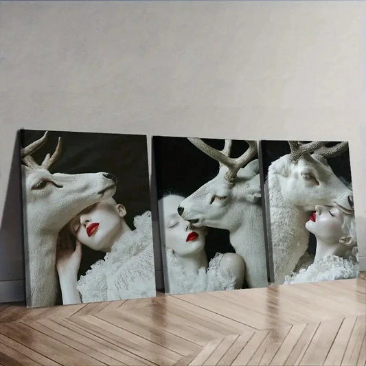 3pcs  White Deer, girl  Wall Art Set Canvas Framed 40x60cm - High Quality Print 100% Australian Made Wall Canvas Ready to Hang