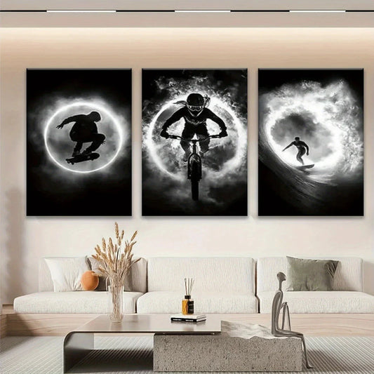 3pcs Dynamic Skateboard & Bicycle Riding Black Metal Print Ready to Hang Art